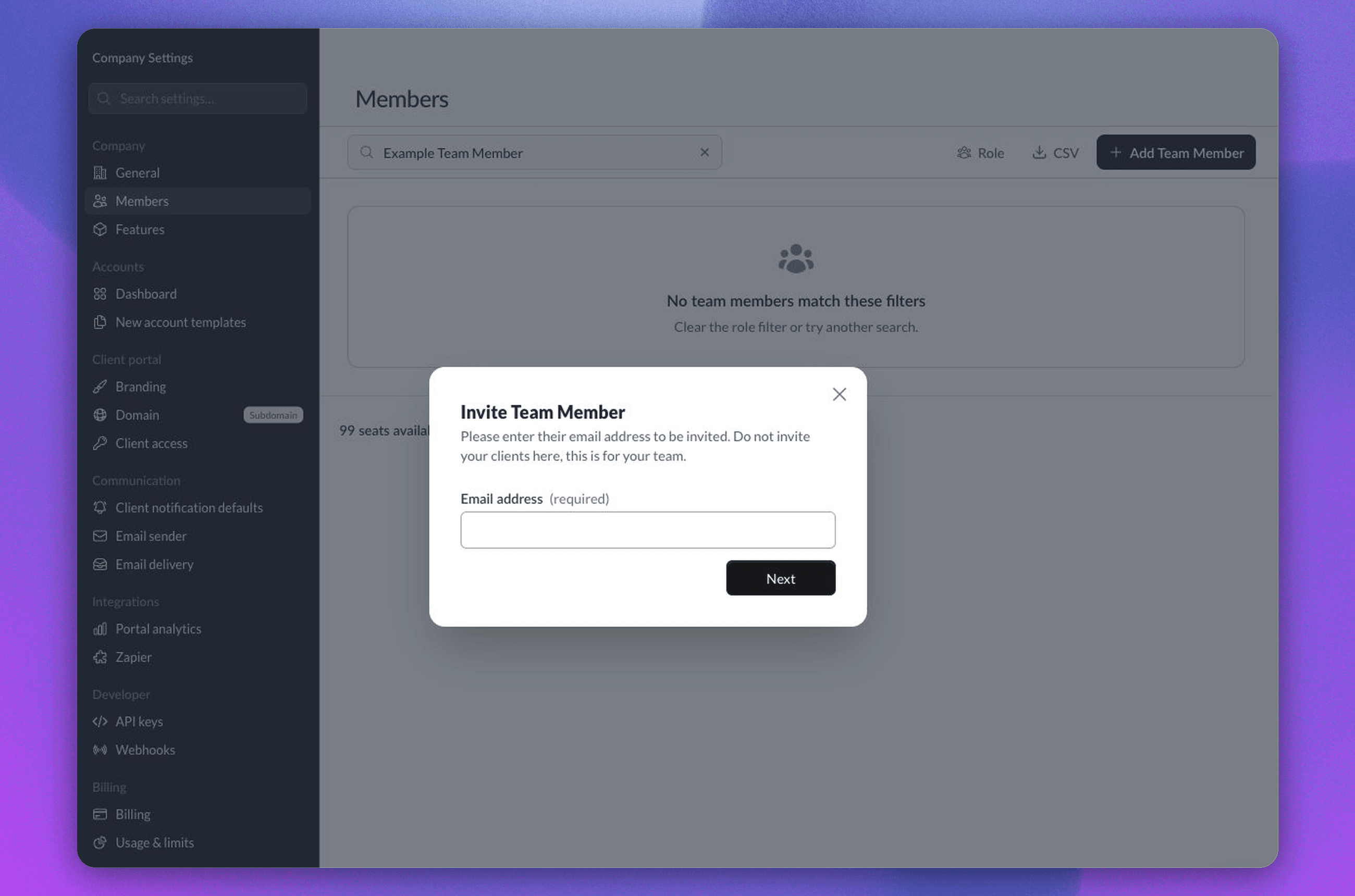 Invite Team Member dialog opened from Members, with an empty Email address field and Next button