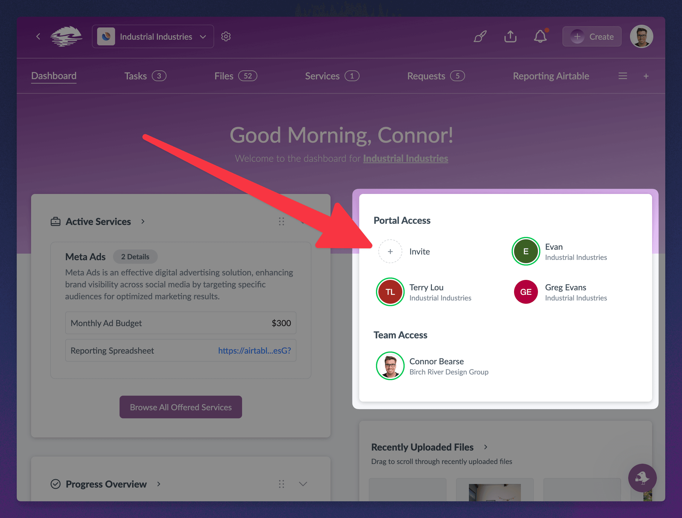 Portal Access widget with the Invite button
