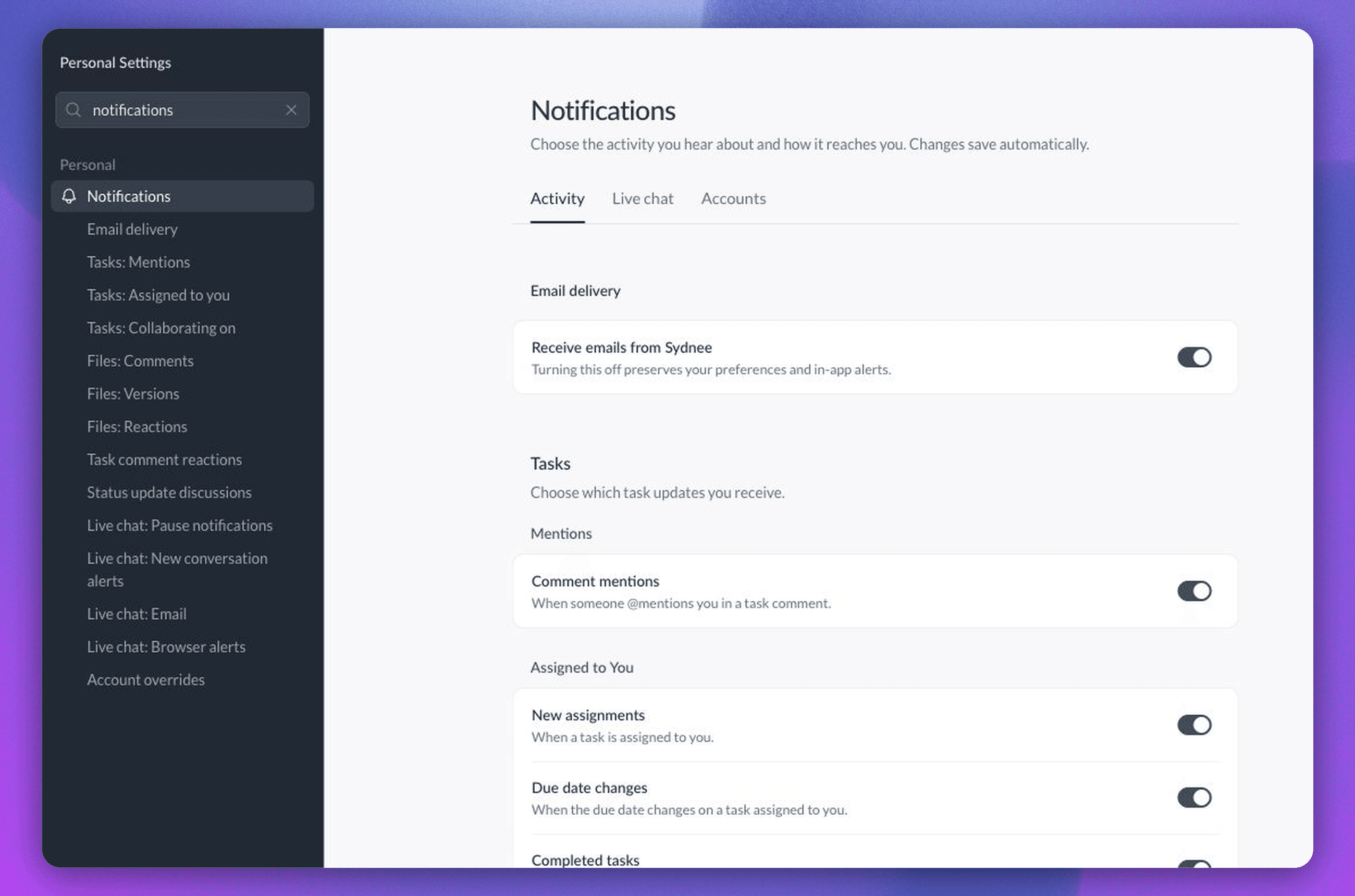 Personal Notifications with Activity, Live chat, and Accounts views and the Receive emails from Sydnee switch