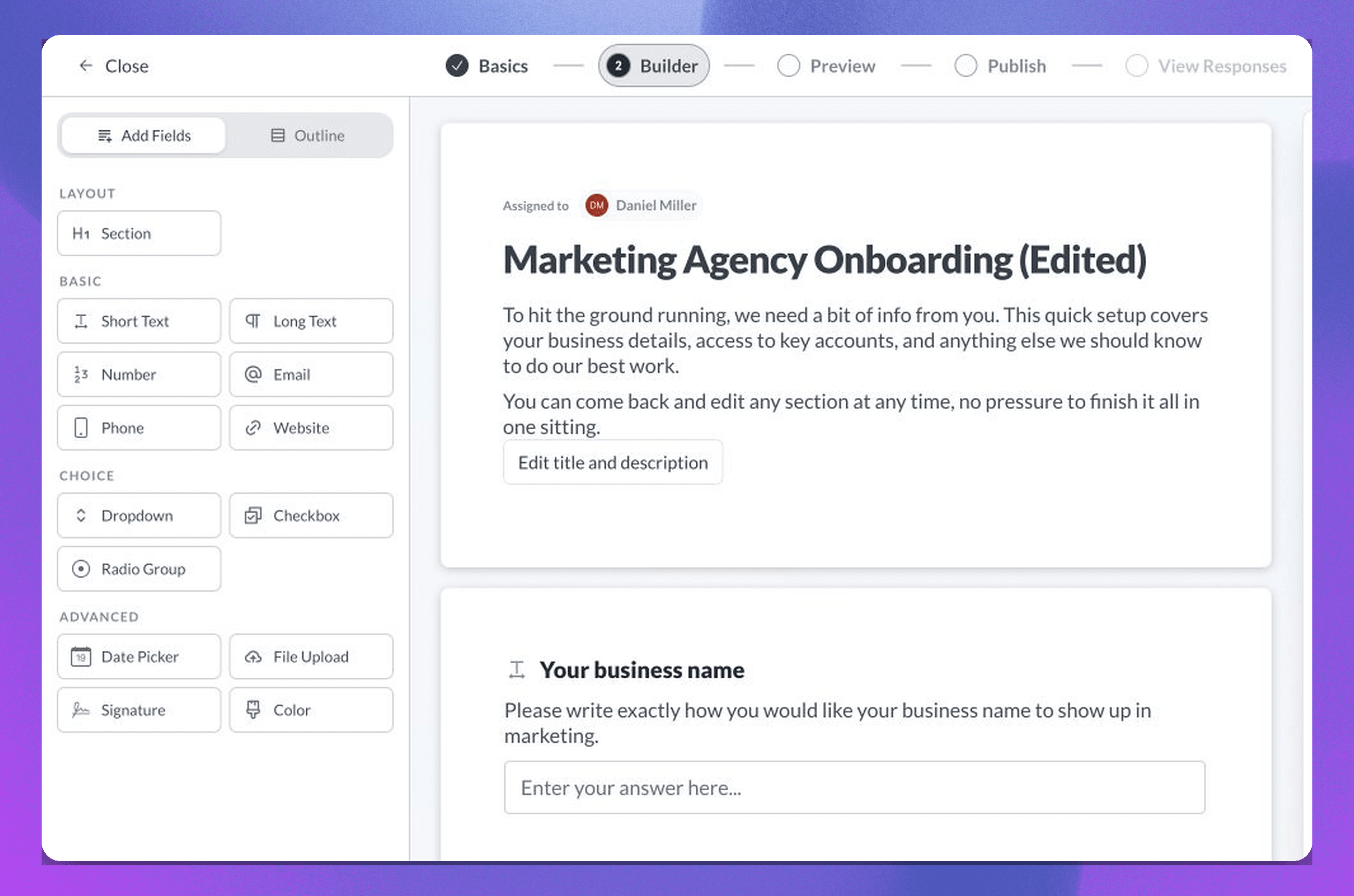 Request builder with the Add Fields panel and available field types