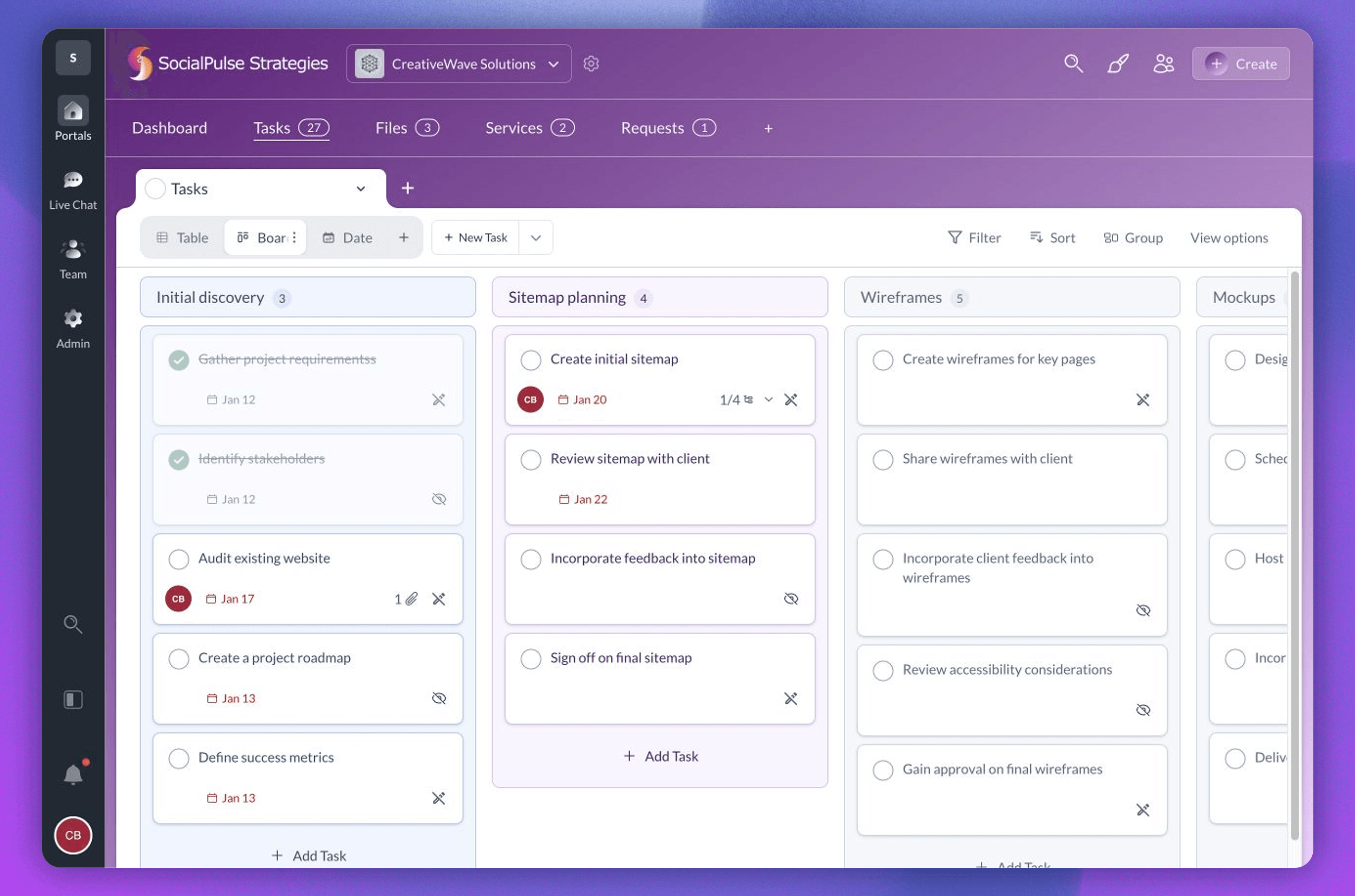 Board view with sections for each stage of a client website project