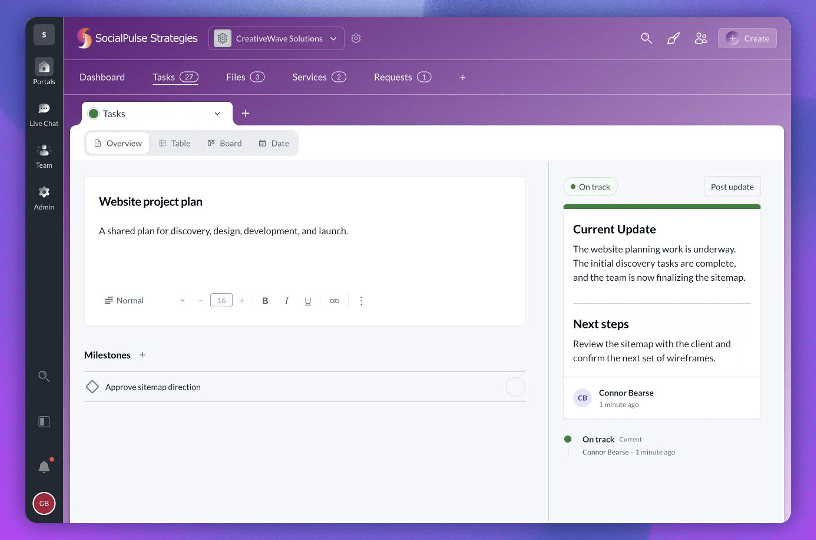 Board Overview with a milestone, current status update, next steps, and status history