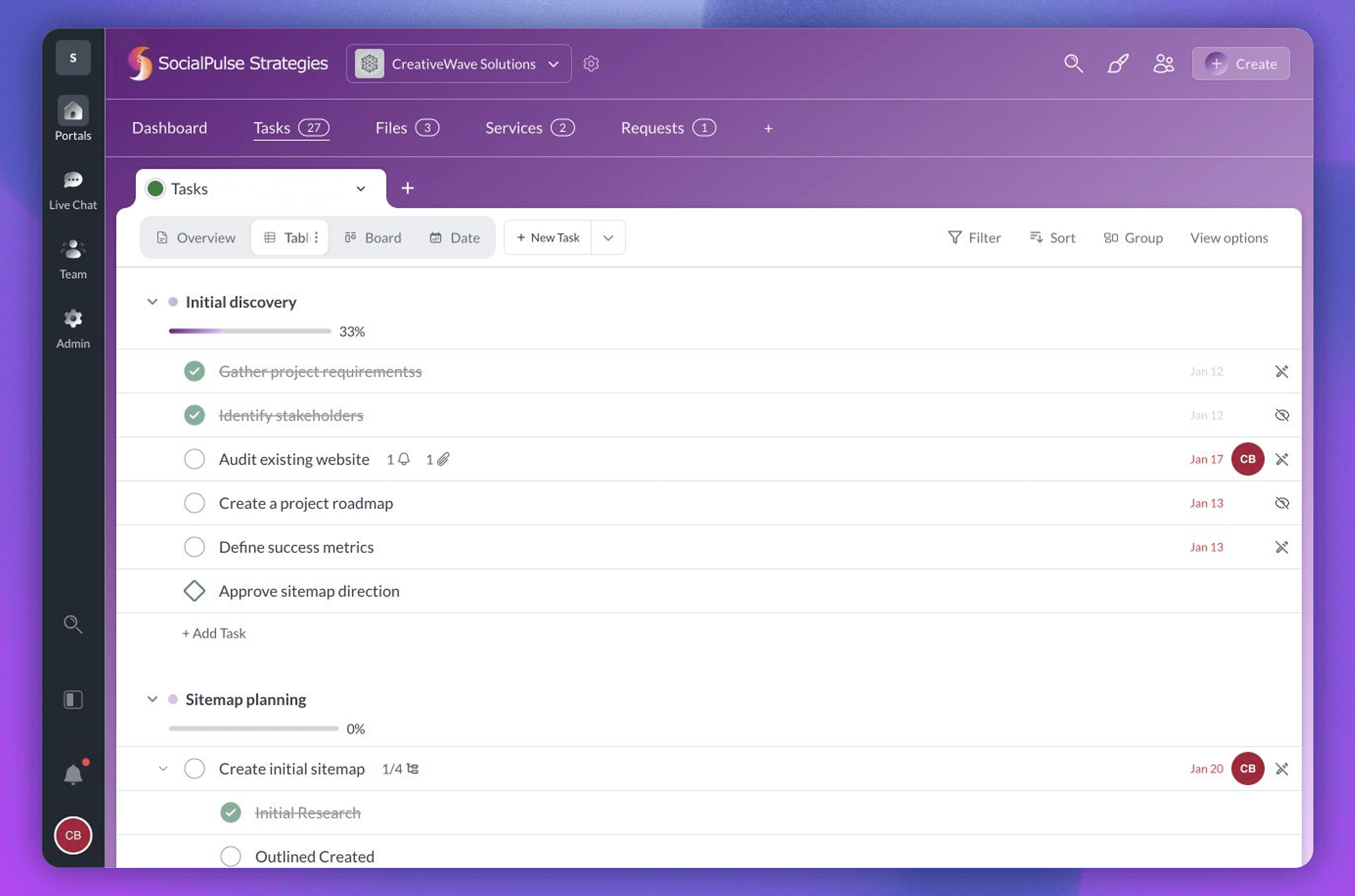 Table view showing sections, task progress, due dates, an owner, a milestone, and subtasks