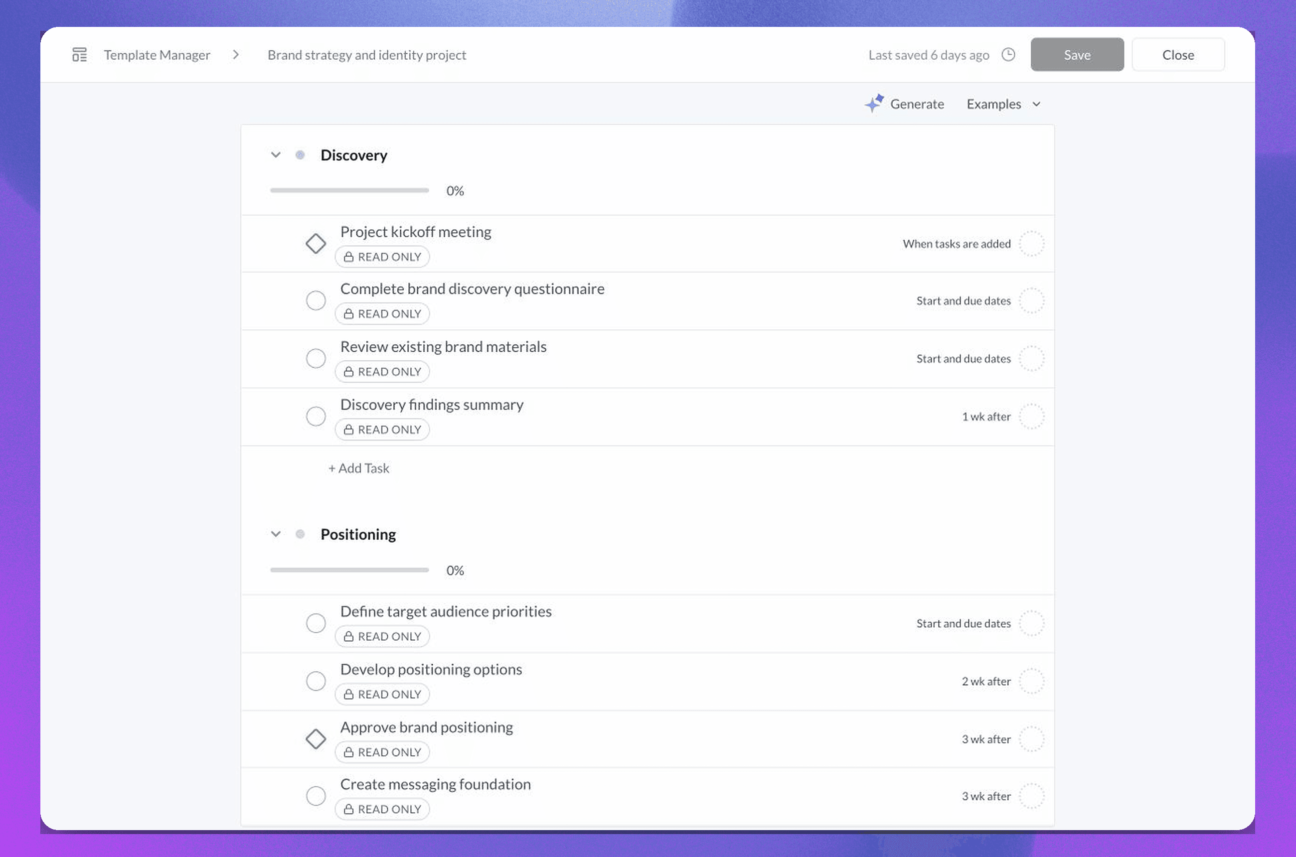 Task Template Manager showing sections, tasks, relative dates, and save controls