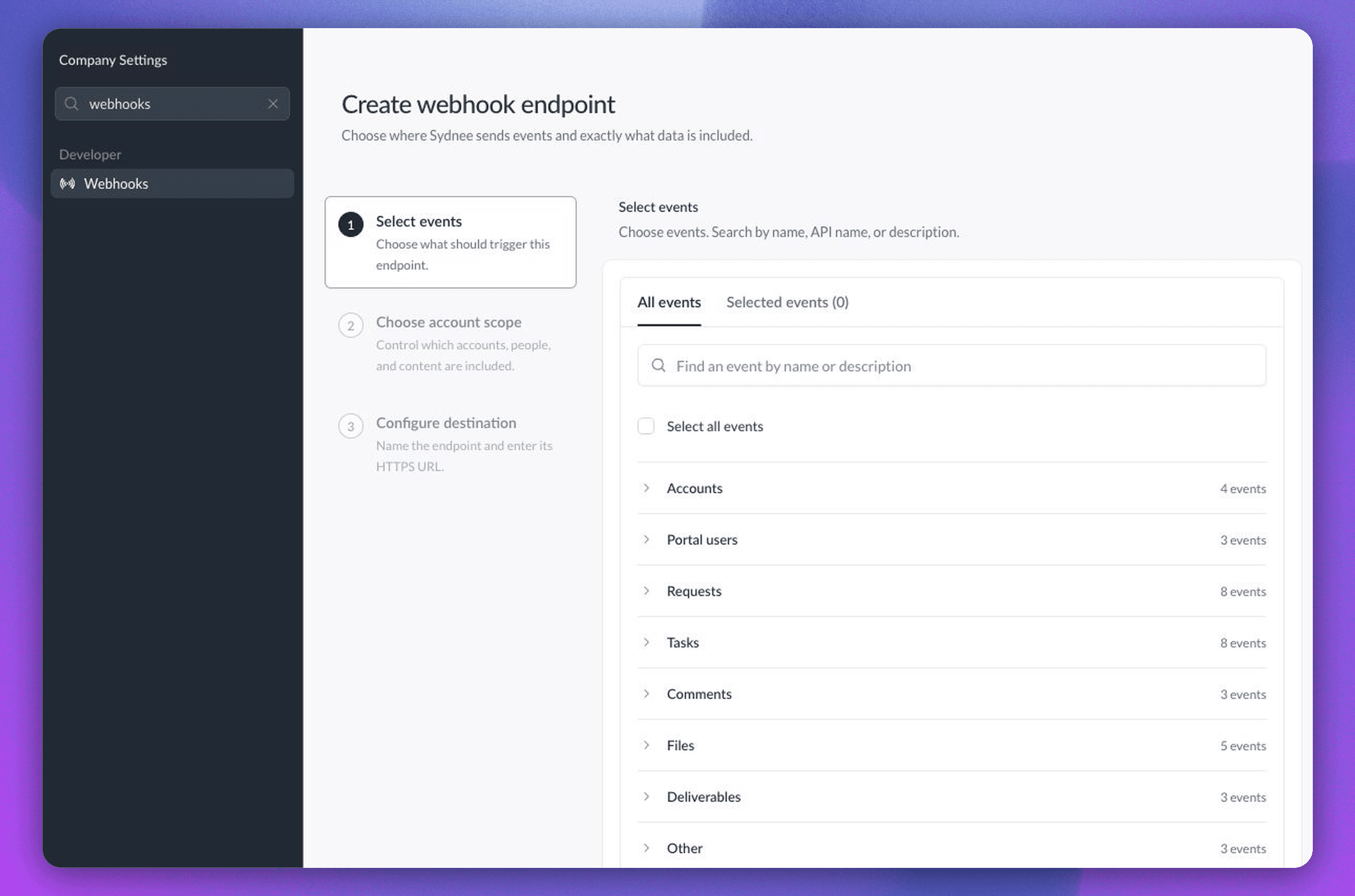 Create webhook endpoint with Select events, event search, and grouped event types