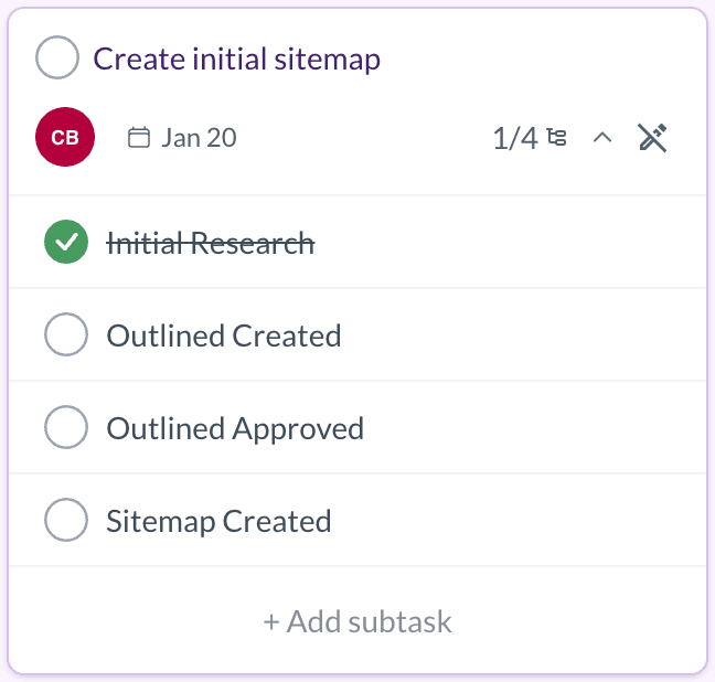 Task detail showing nested work and progress