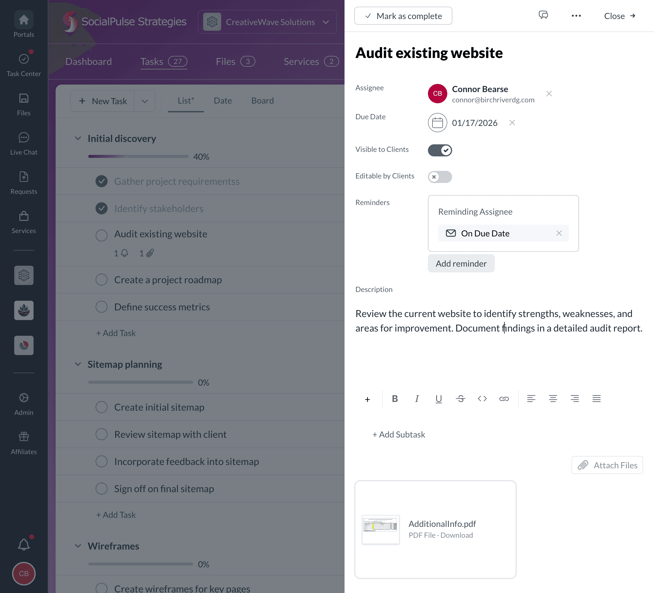 Task detail with attached files and supporting context