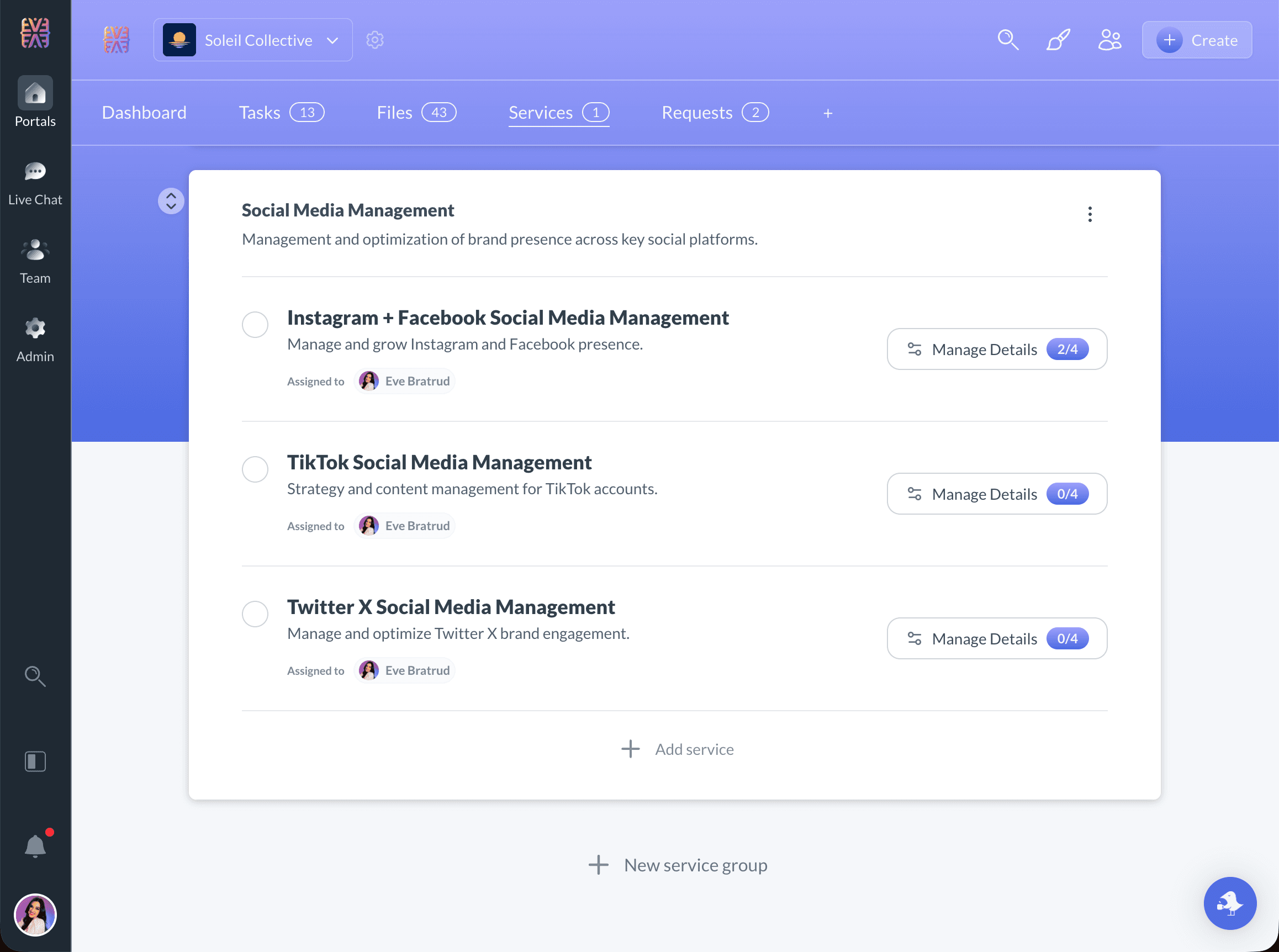 Service catalog editor with categories, services, and ordering controls
