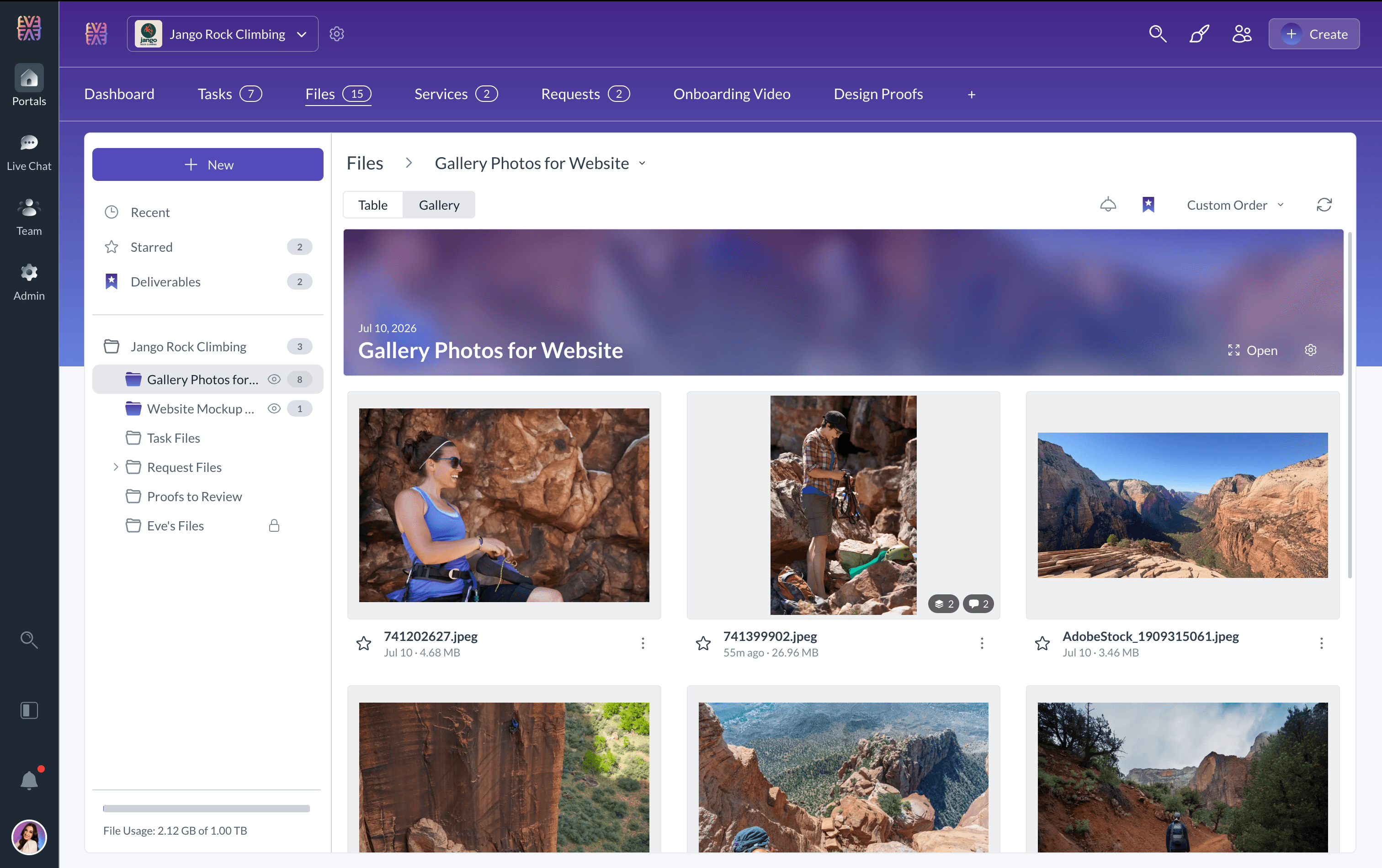 Client file workspace showing a published Deliverable above a gallery of files