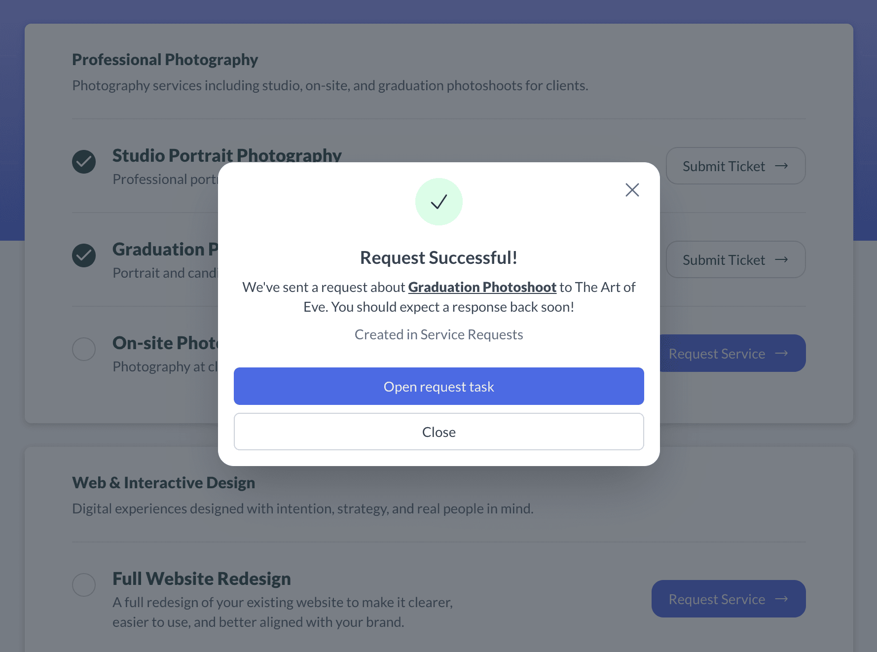 Successful service request confirmation with an Open request task button