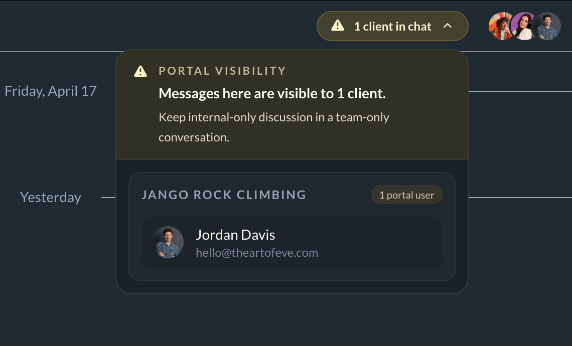 Client-presence notice explaining that messages in this conversation are visible to one client