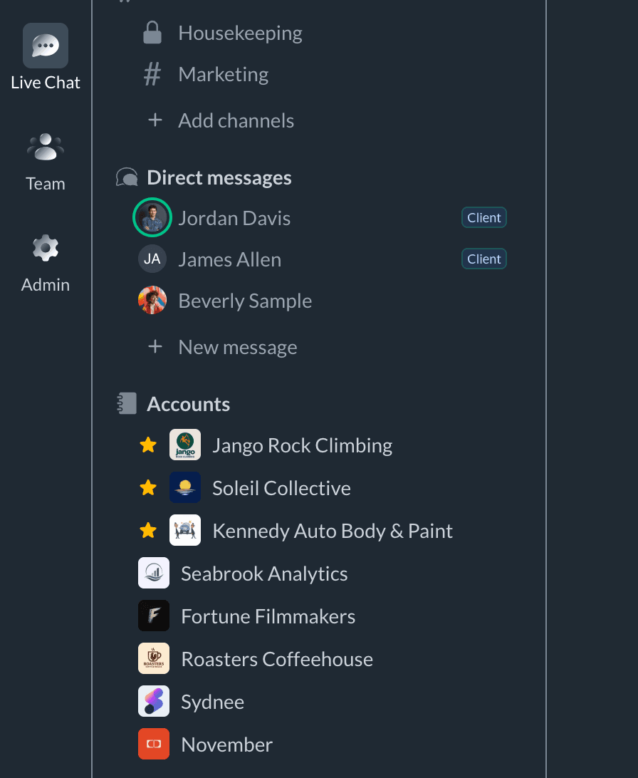 Live Chat sidebar grouping channels, direct messages, and client account chats