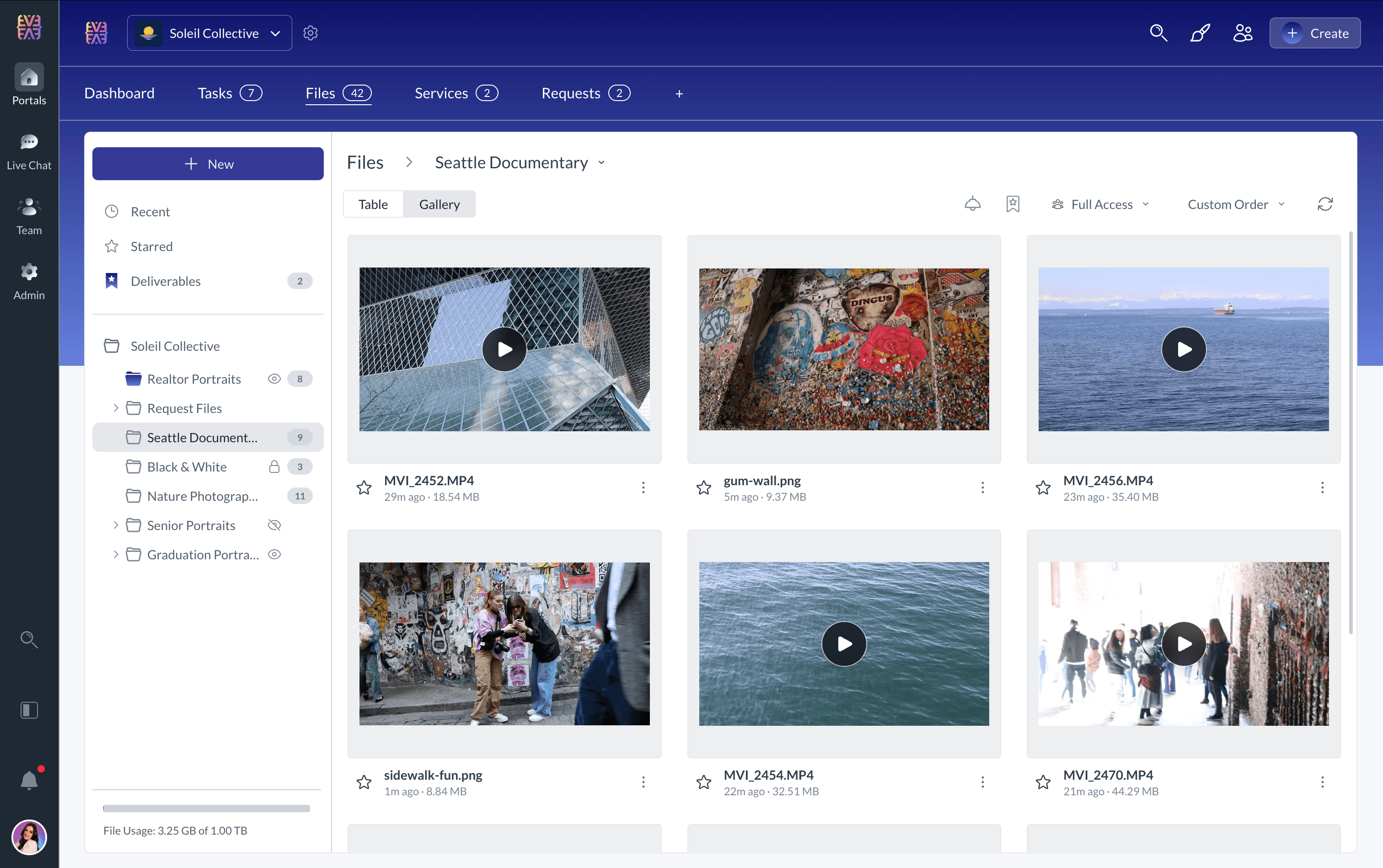 Gallery view of client files with video clips and images in the same folder