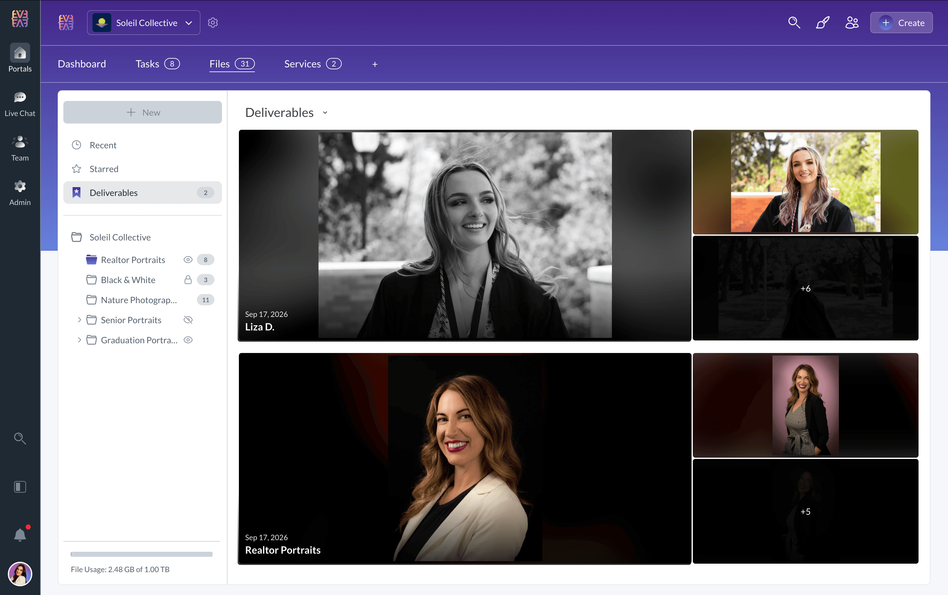 Deliverables view with finished portrait galleries arranged for a client