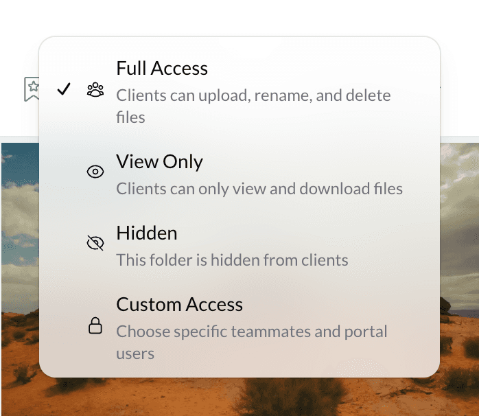 Folder access menu with Full Access, View Only, Hidden, and Custom Access options