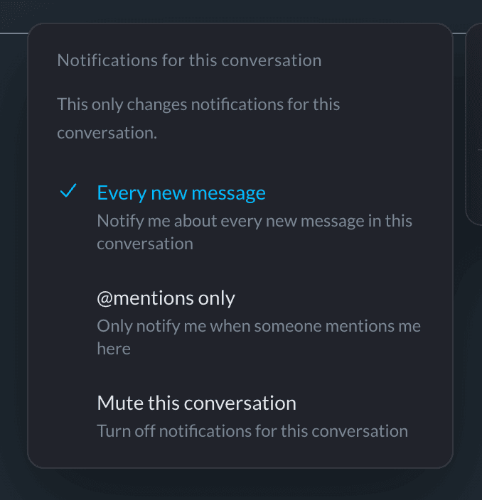 Conversation notification menu with every new message, @mentions only, and mute options
