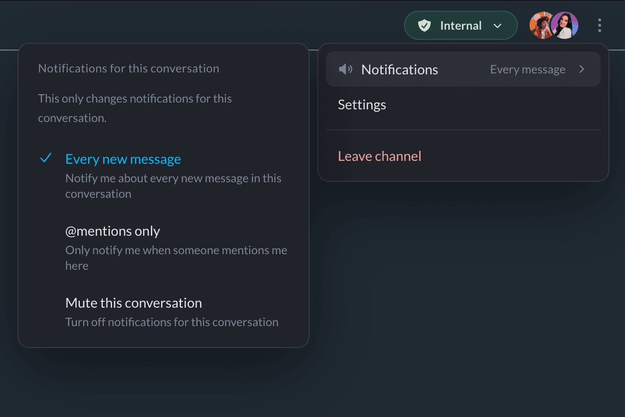 Conversation menu showing choices for every message, mentions only, or muted notifications