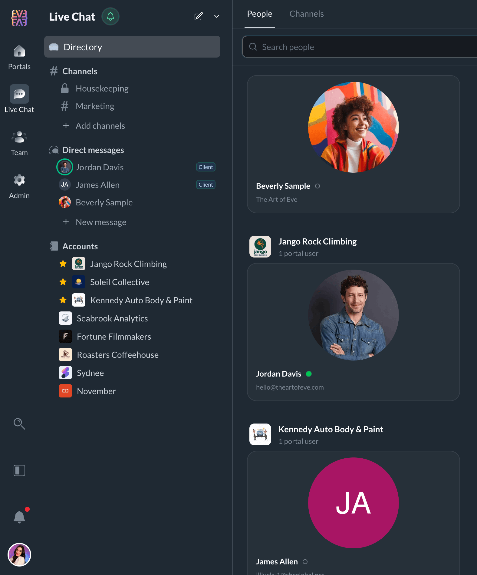 Live Chat sidebar with channels, direct messages, and accounts beside the People directory