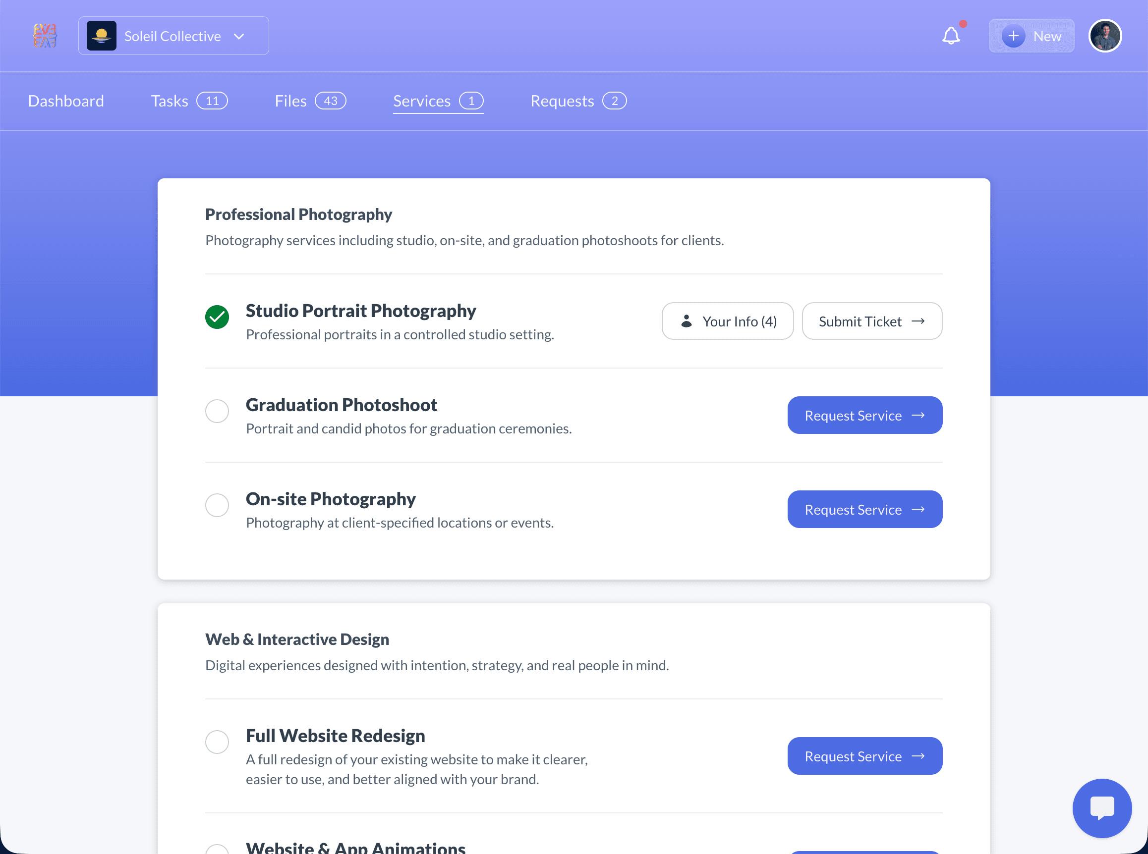 Service catalog with organized categories, active services, and client request actions