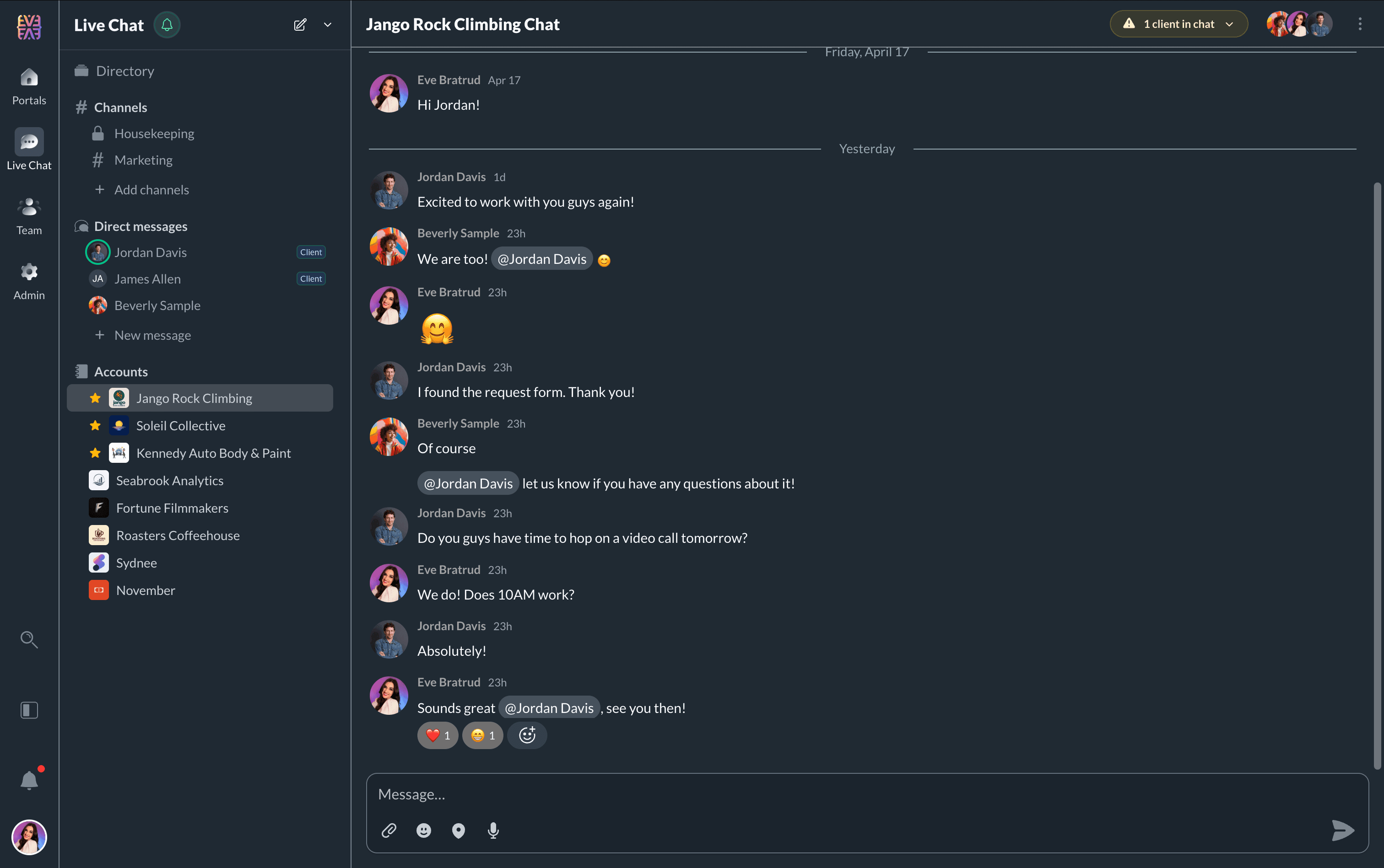Team Live Chat showing a client account conversation beside channels, direct messages, and other account chats