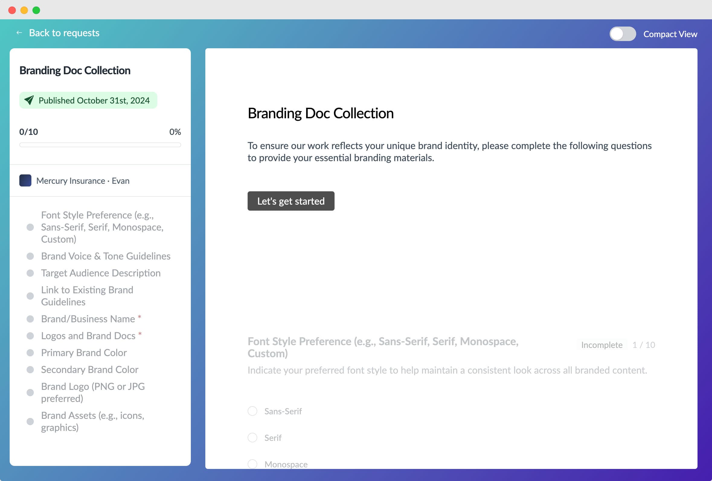 Client request management dashboard with Kanban board showing request statuses