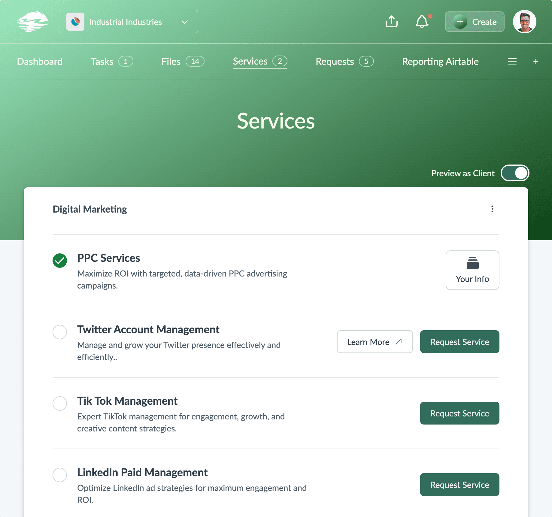 Service showcase dashboard displaying service categories, active services, and request actions inside the client portal