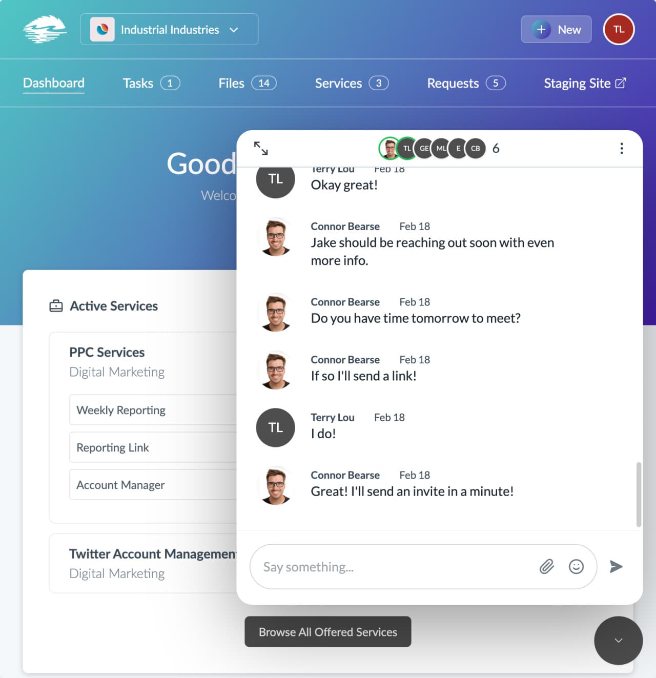 Sydnee live chat interface showing real-time client messaging