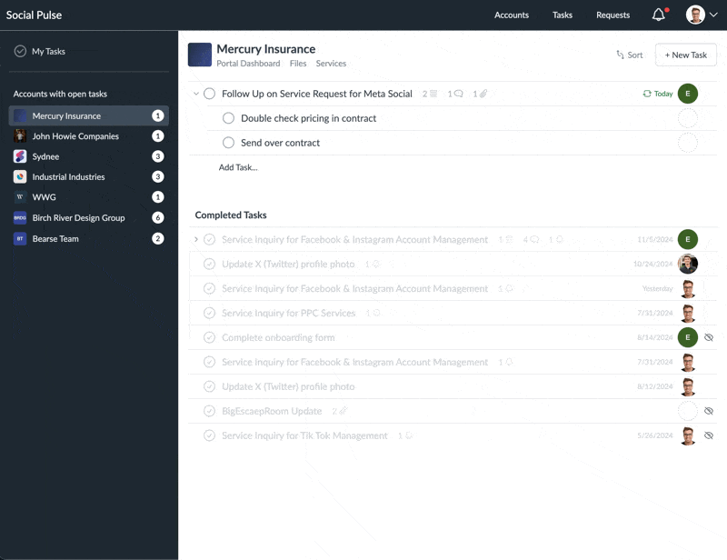 Task management interface showing client collaboration and completed tasks