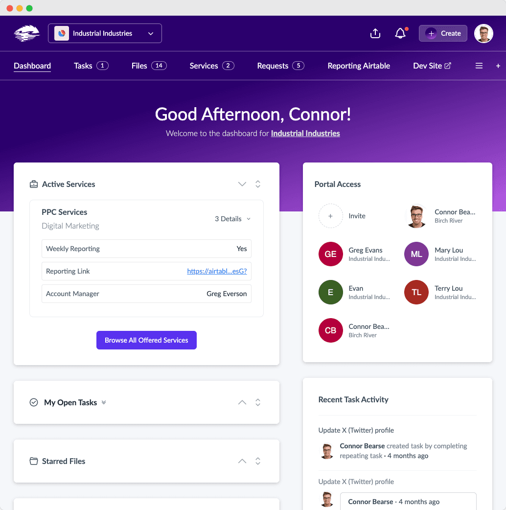 Client dashboard showing active services with PPC details and portal access