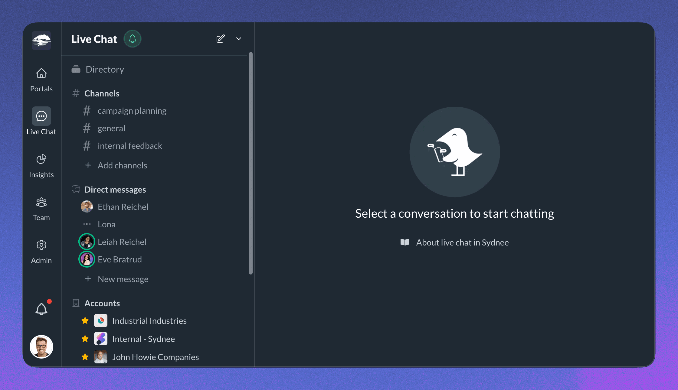 Sydnee team inbox showing account chats, channels, and direct messages