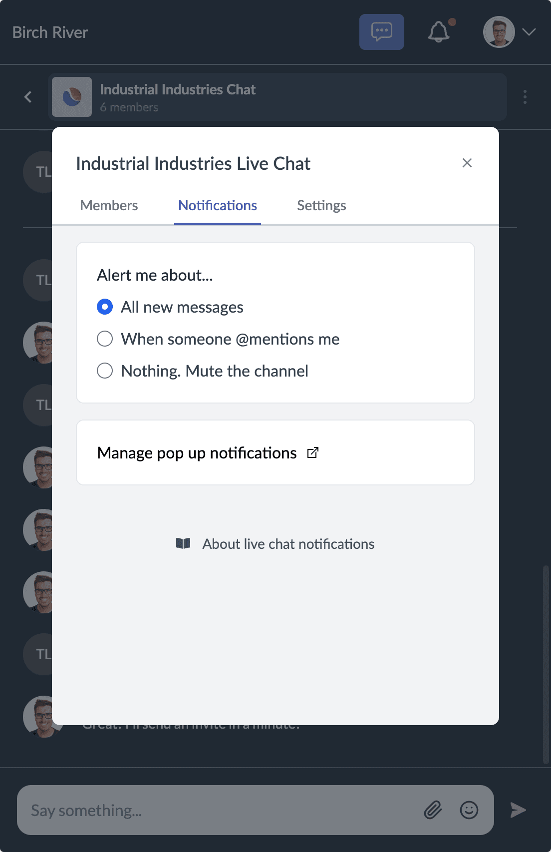 Live chat notification settings showing alert preferences