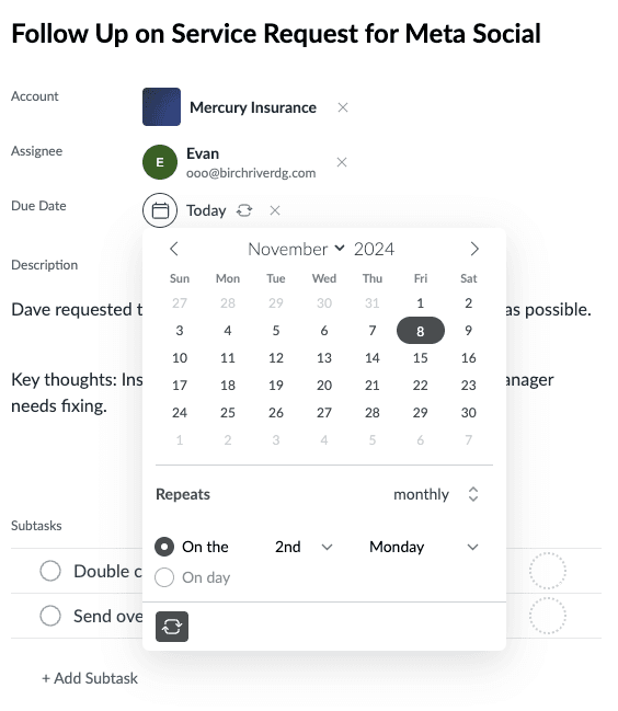 Task creation form with recurring task options