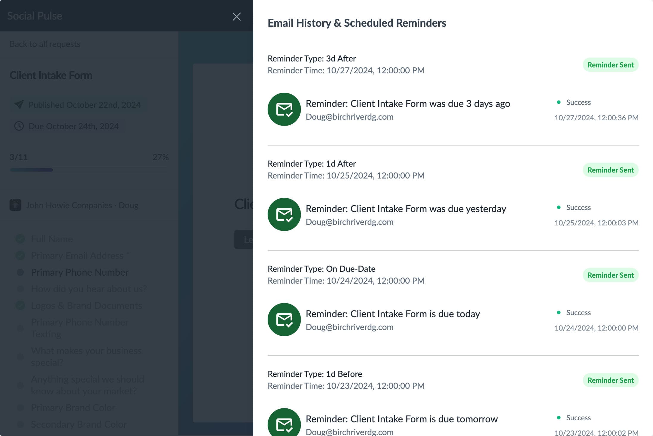 Email history showing scheduled reminders for client requests