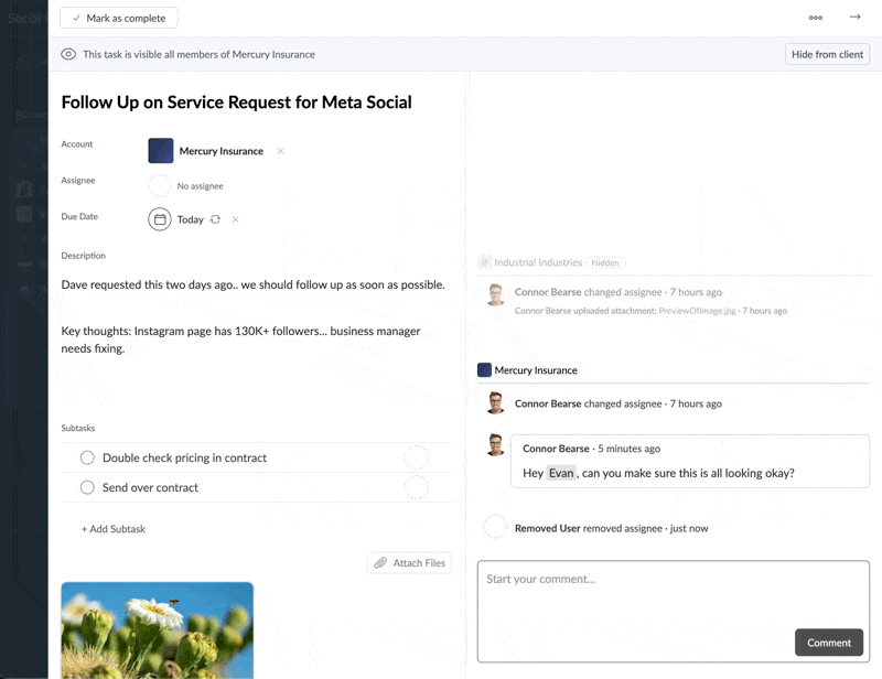 Task assignment interface showing team and client options