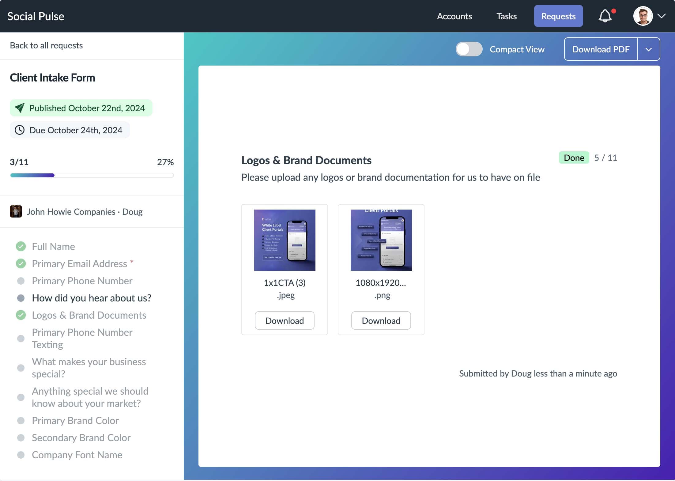 Client request form with file uploads and document management