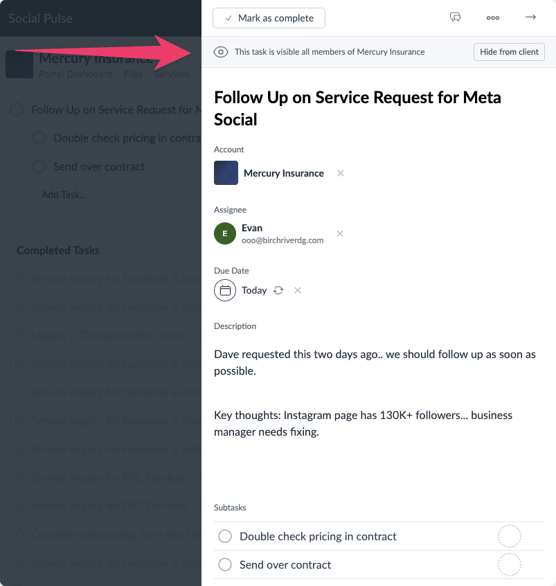 Task visibility options showing private and client-visible task settings
