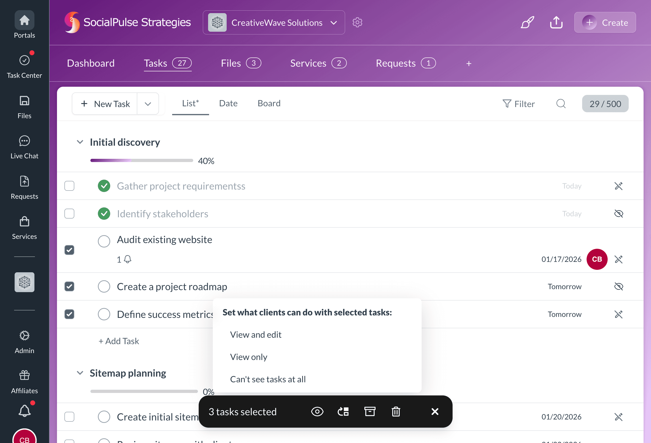 Bulk task actions for moving, archiving, and changing visibility