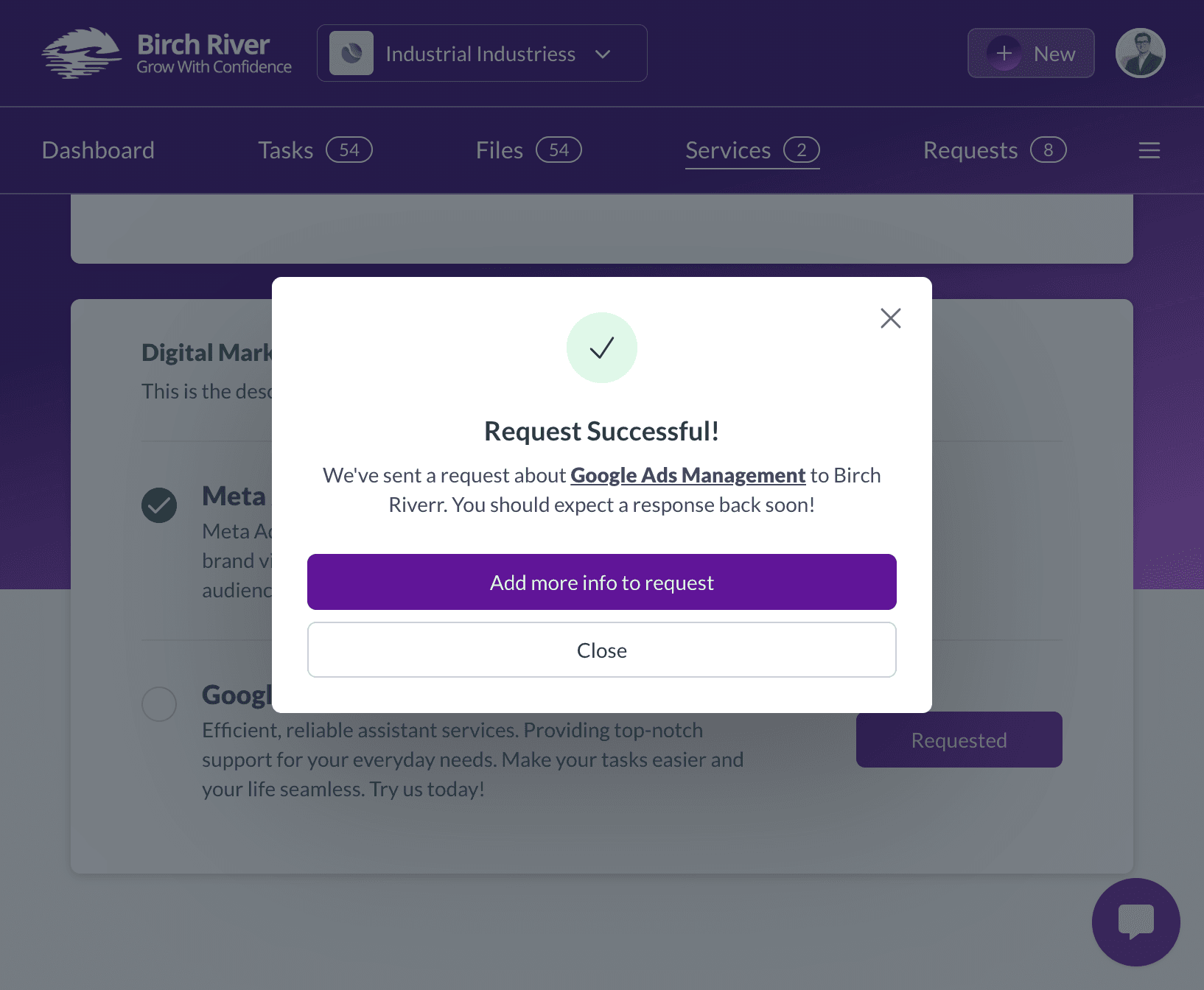 Client service catalog showing a Request Service action for an available service
