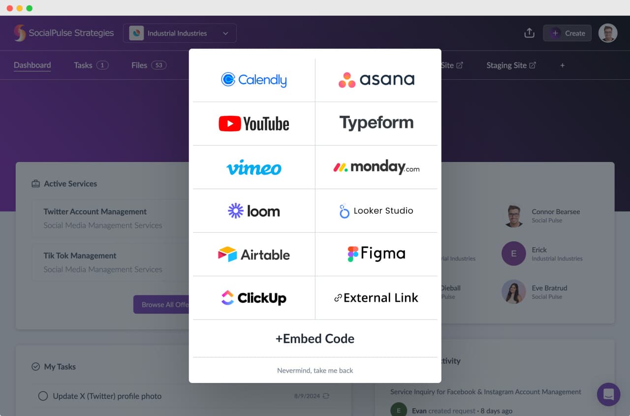 Client portal with embedded Calendly booking widget integration