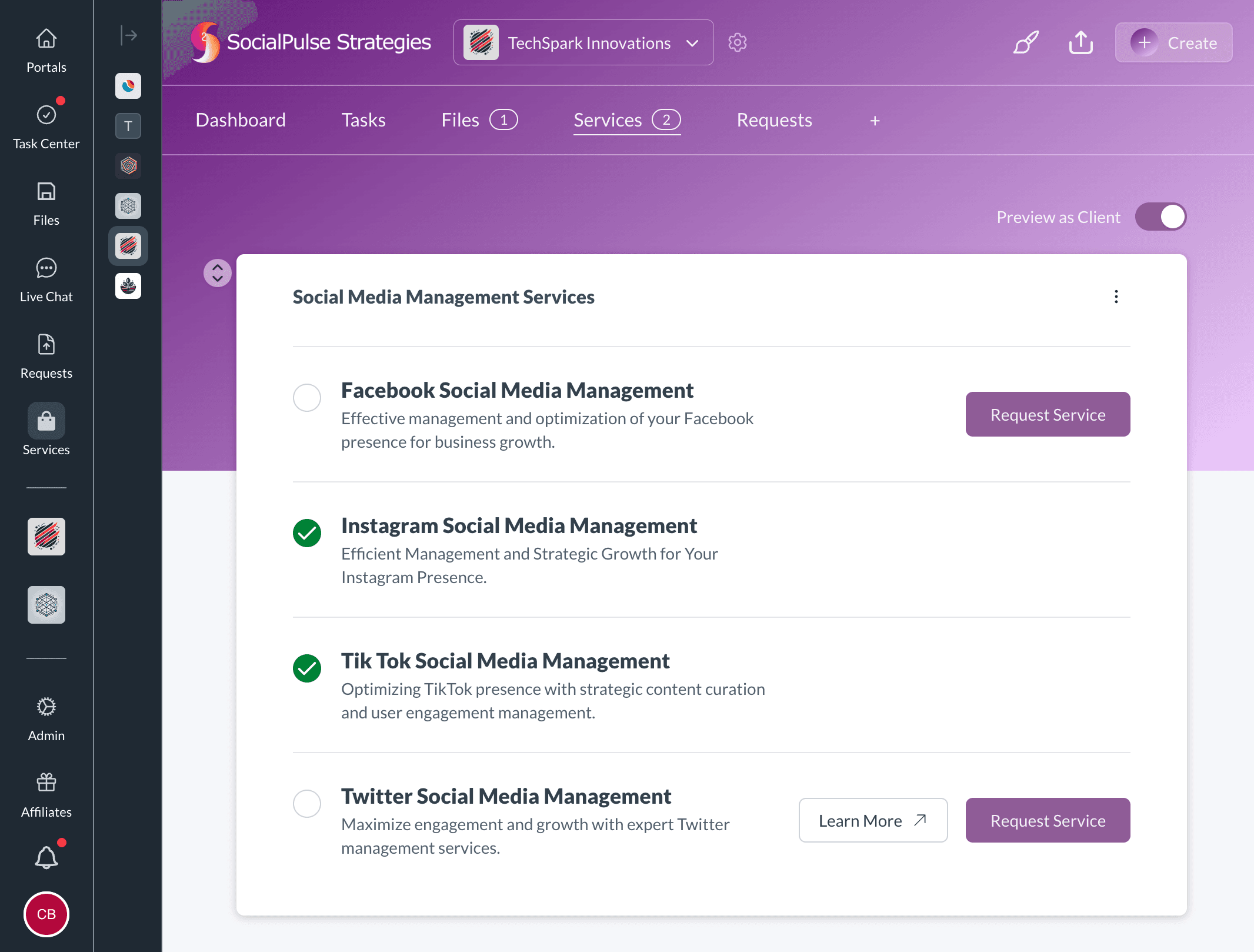 View as Client preview mode showing exactly what clients see in their service showcase