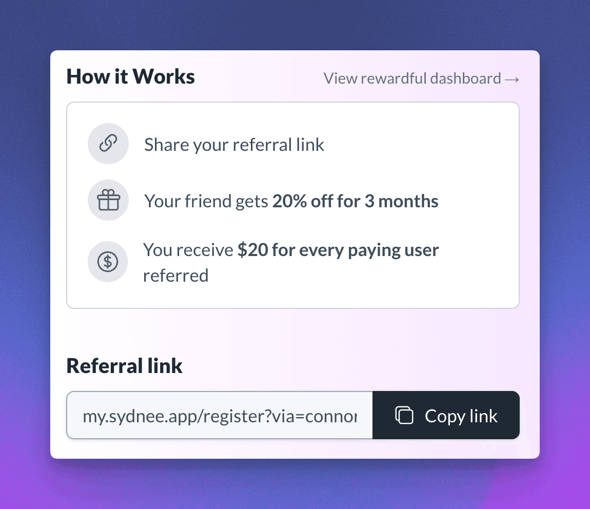 Sydnee affiliate dashboard showing referral tracking and earnings