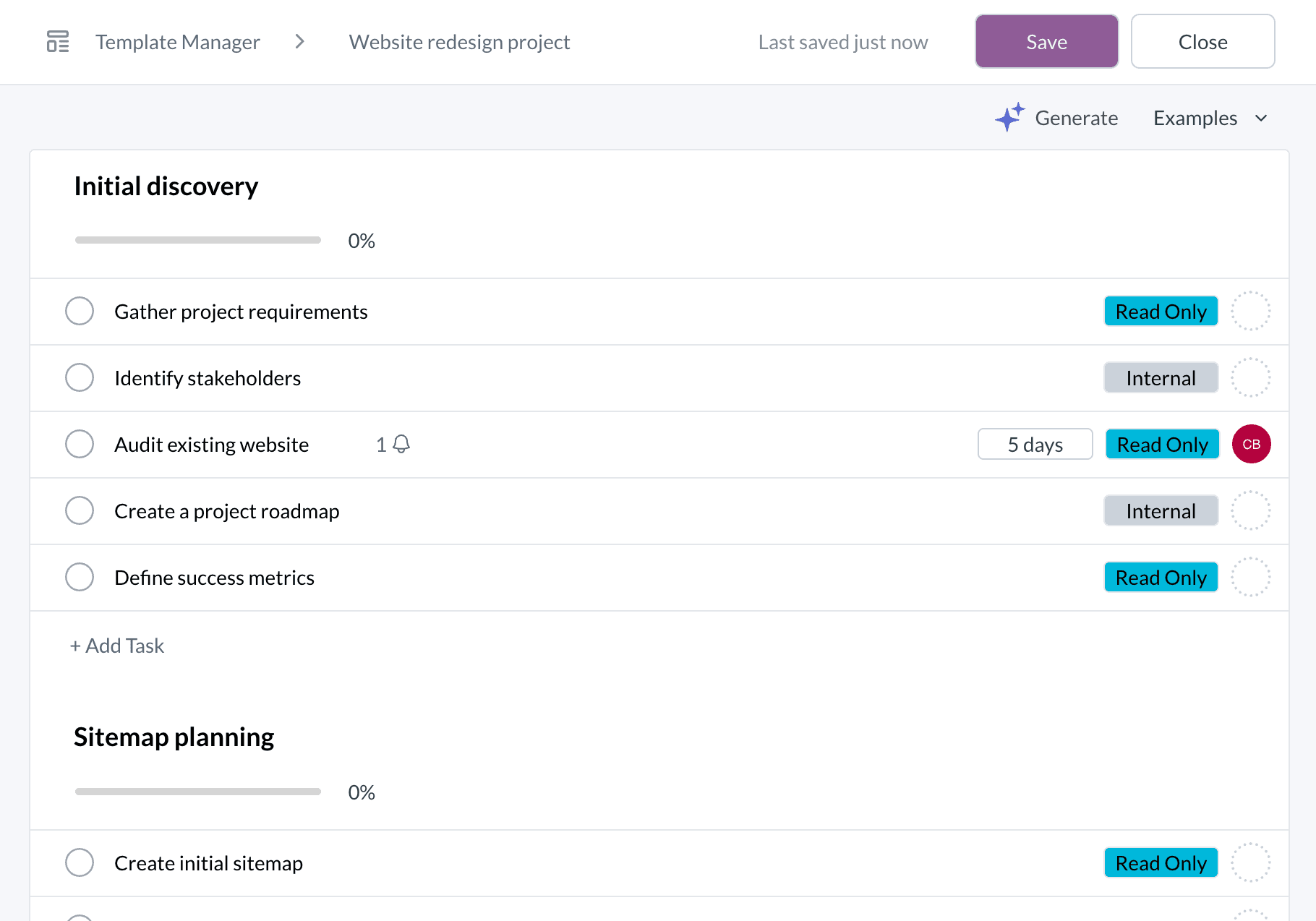 Task template insertion options for preserving sections or merging tasks