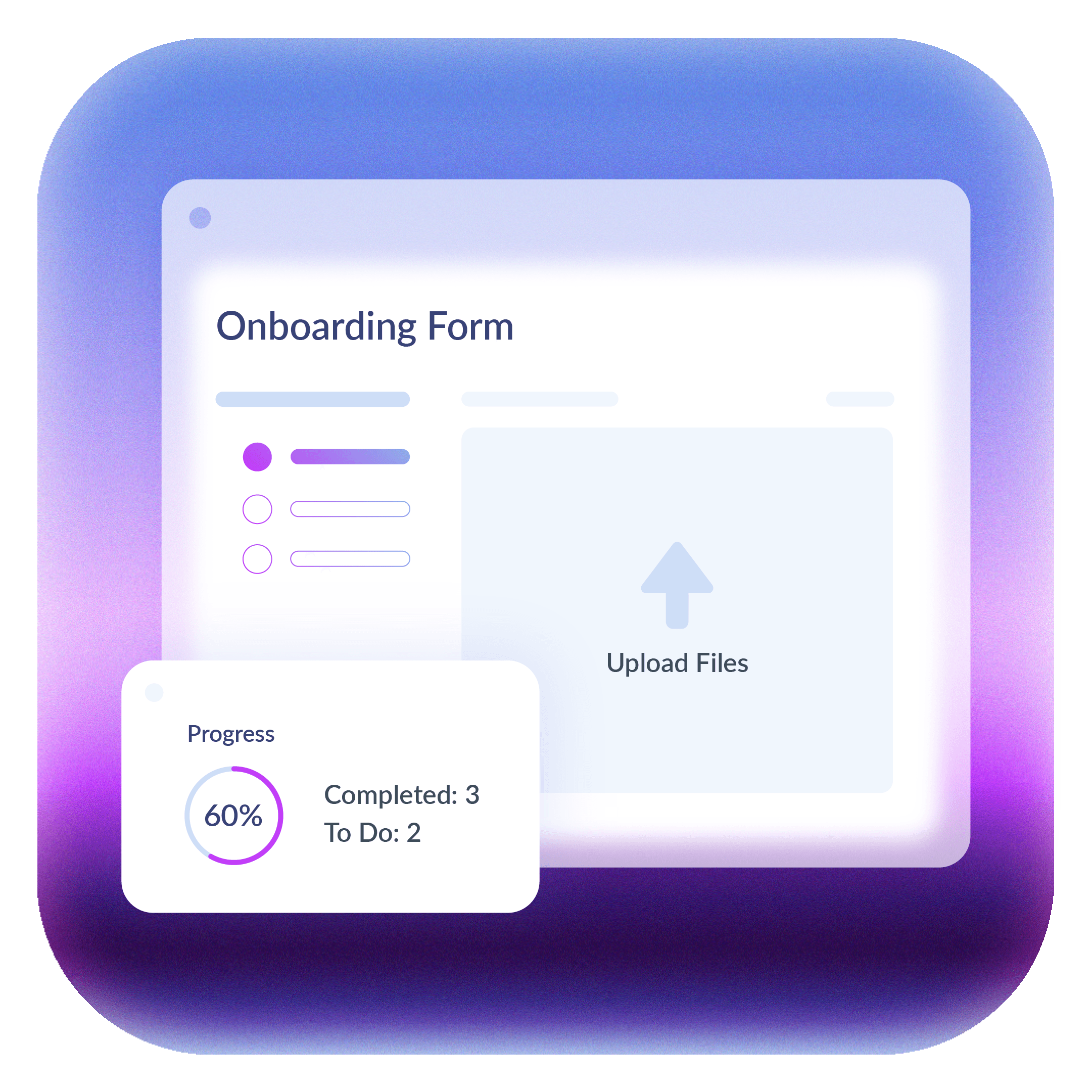 Client onboarding form with file uploads and completion progress.