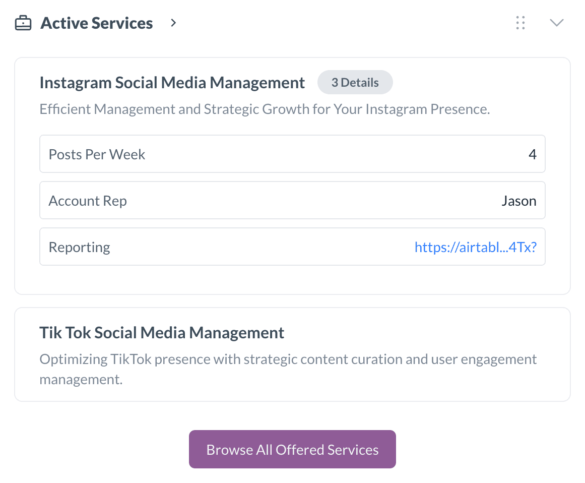 Per-client service activation showing personalized service toggles for each client