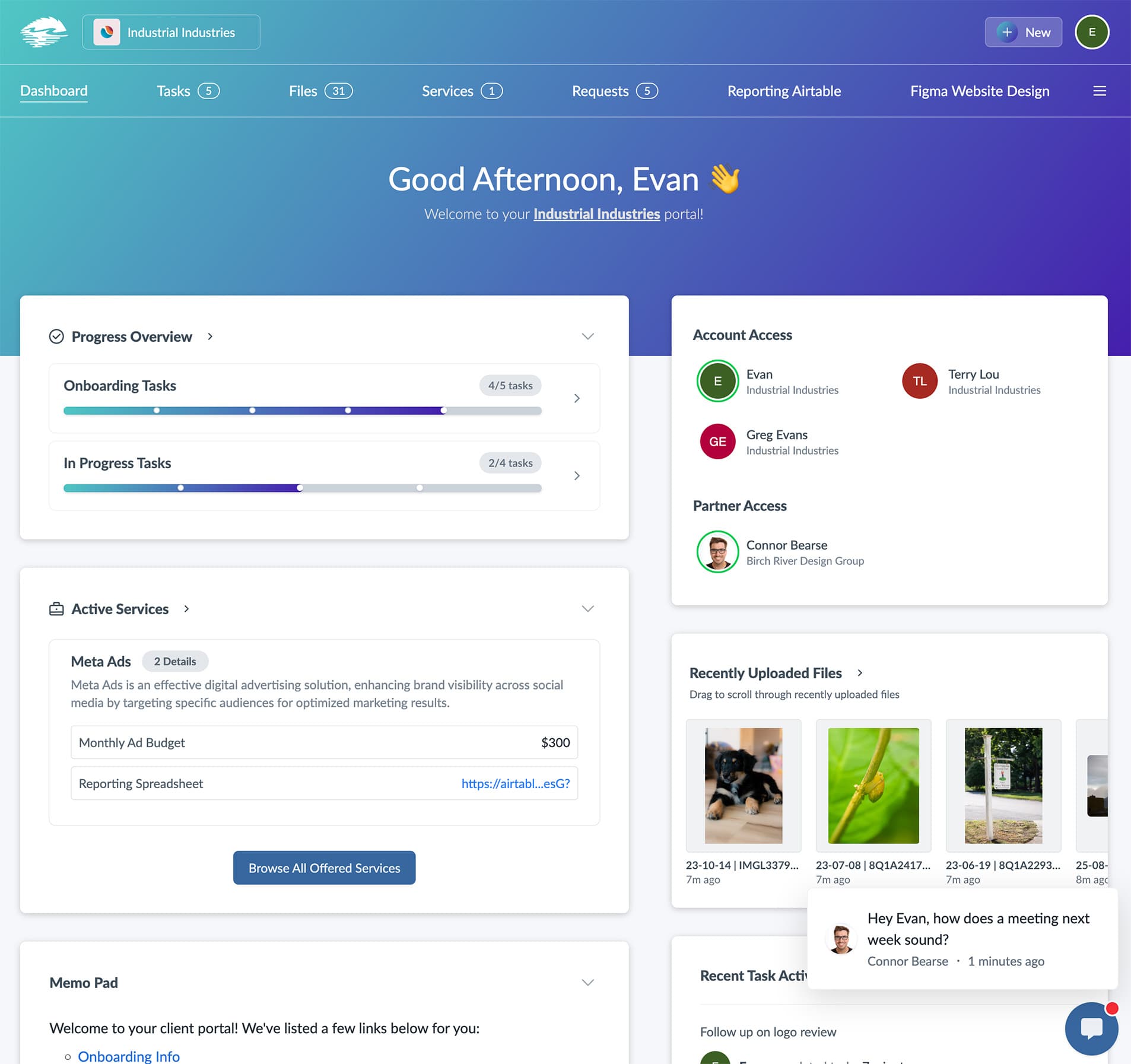 White-label client portal dashboard showing task management, live chat, and file sharing interface for agencies