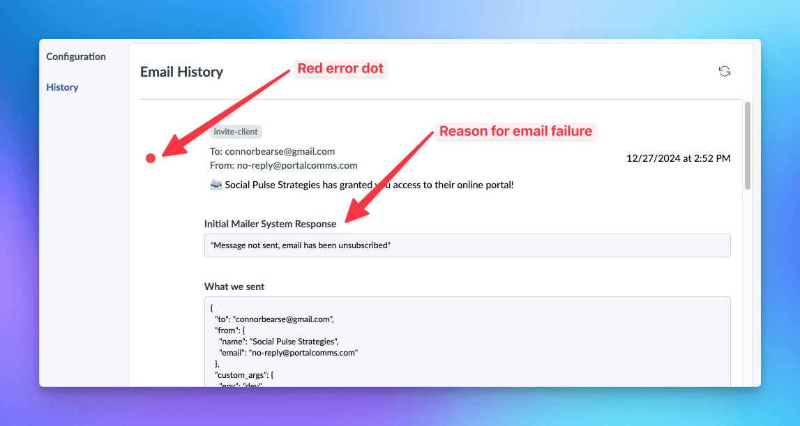 Screenshot of the Email History section in Sydnee highlighting an email delivery failure. The email, sent to connorbearse@gmail.com from no-reply@portalcomms.com with the subject ‘Social Pulse Strategies has granted you access to their online portal!’, is marked with a red error dot. The ‘Initial Mailer System Response’ shows the reason for the failure: ‘Message not sent, email has been unsubscribed.’ The log also displays the JSON payload of the email under ‘What we sent,’ including the recipient, sender, and environment details.