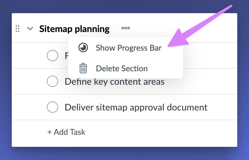 Task section settings with the Progress Bar option enabled