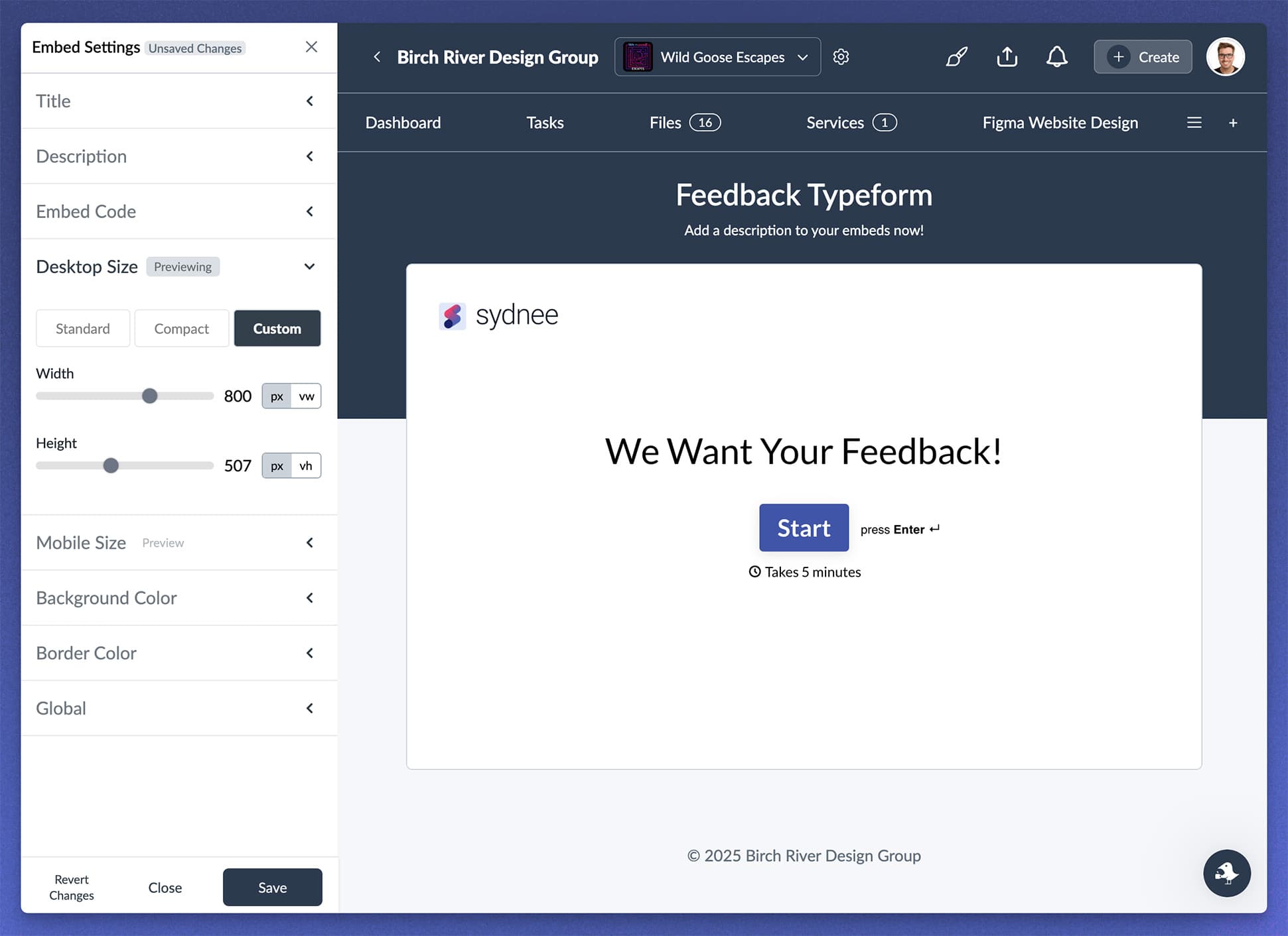 Sydnee embed settings for sizing and configuring an external tool