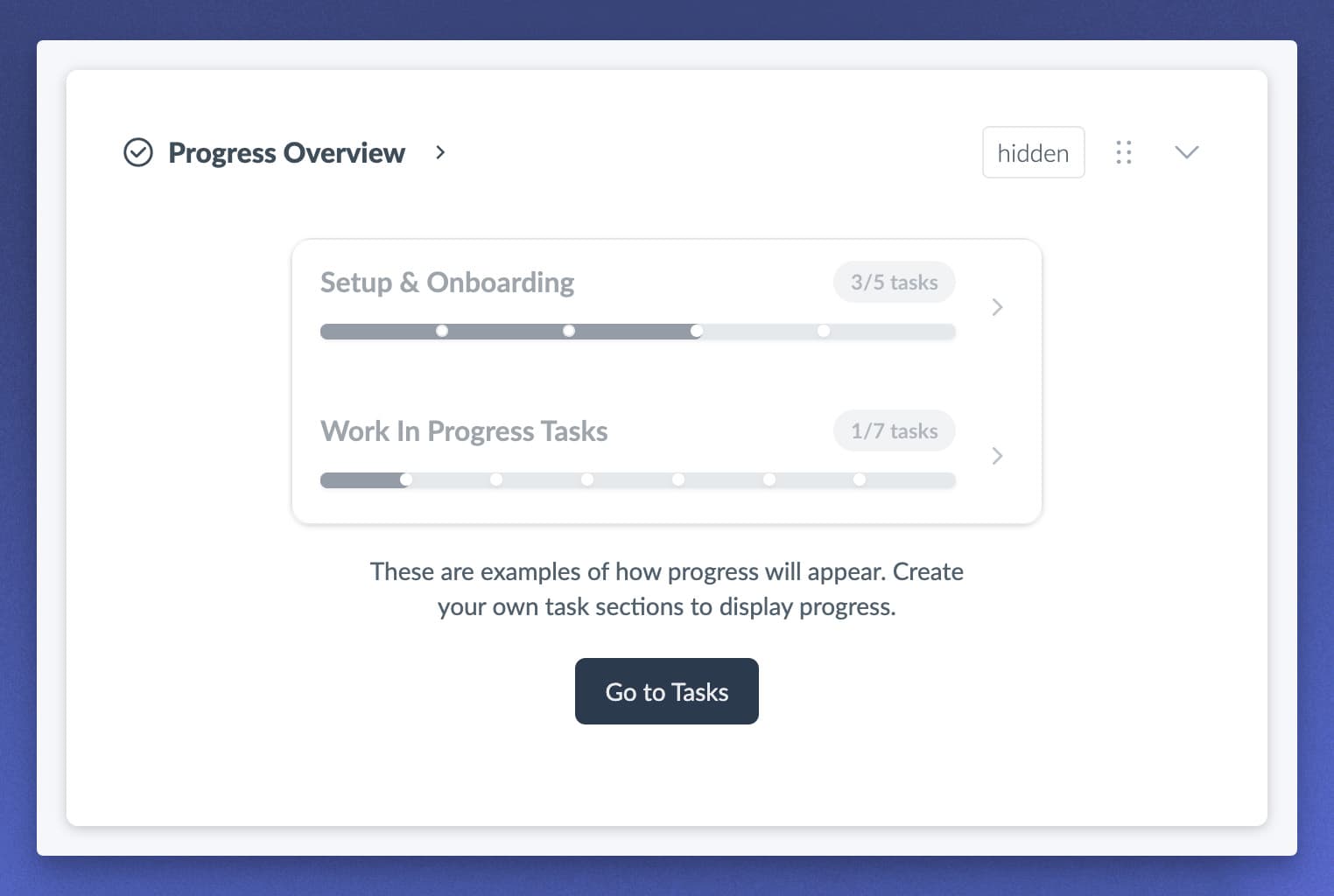 A dashboard Task Progress widget showing completion by task section