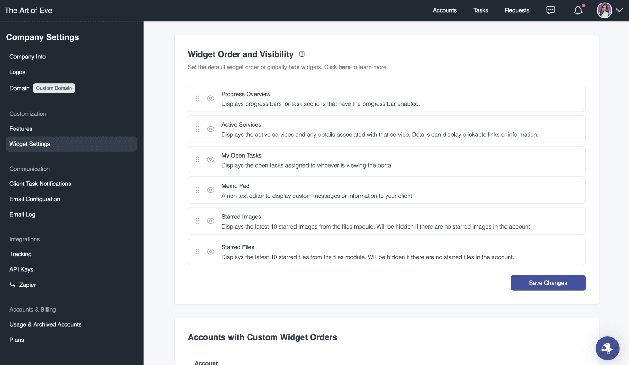 Global widget settings for naming, visibility, and dashboard order
